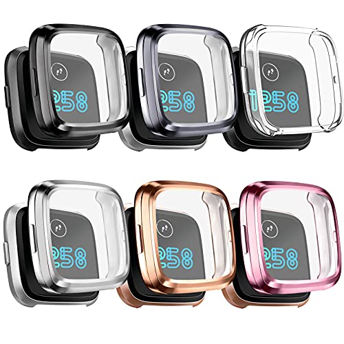 [6 Pack] Mugust Screen Protector Compatible with Fitbit Versa 2 Case, TPU Plated Full Around Protective Case Cover (Black, Space Gray, Silver, Rose Gold, Rose Pink, Clear)