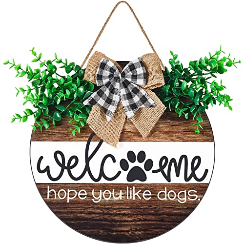 Jetec Dog Welcome Sign Welcome Wreath Sign Hope You Like Dogs for Farmhouse Front Porch Decor Door Hanging with Greenery Gift for Christmas Housewarming Holiday