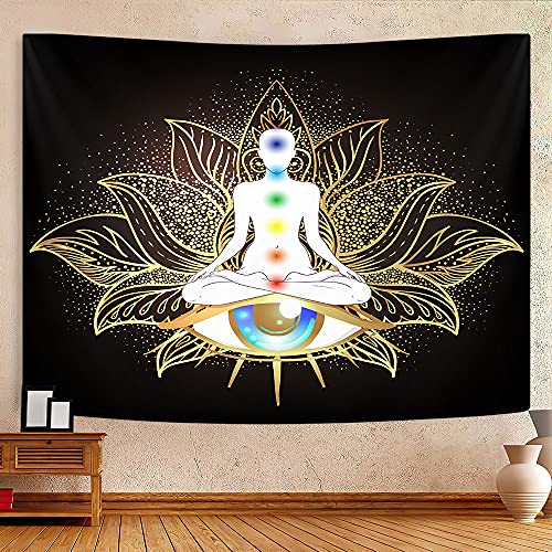 Seven Chakra Yoga Tapestry Wall Hanging,Mandala Eyes Meditation Zen Small Tapestry for Meditation Studio Room, Black Golden Lotus Spiritual Tapestries for Living Room Bedroom Dorm Home 80x60inch