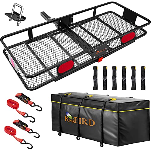 KING BIRD Folding Hitch Mount Cargo Carrier 60x24x6 with 18 Cuft Waterproof Bag & Hitch Stabilizer& Ratchet Straps Fits to 2” Receiver,550LBS Capacity Cargo Basket | Trailer Tow Hitch Cargo Carrier