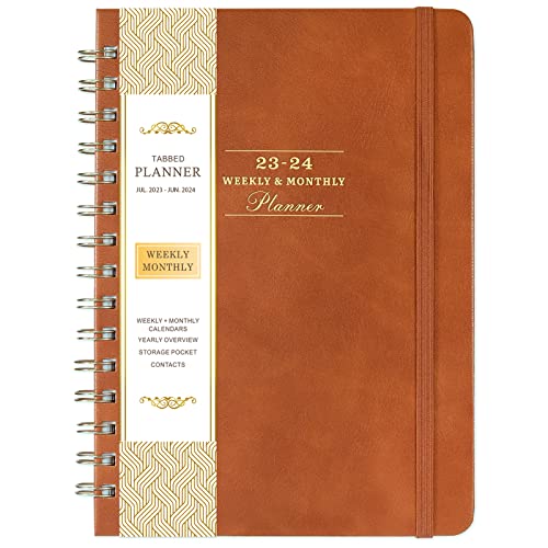 Planner 2023-2024 – July 2023 – June 2024 Weekly & Monthly Planner, 6.3″ x 8.4″, 12 Monthly Tabs, Academic Planner 2023-2024 with Flexible Hardcover, Twin-wire Binding, Brown, Perfect Life Assistant