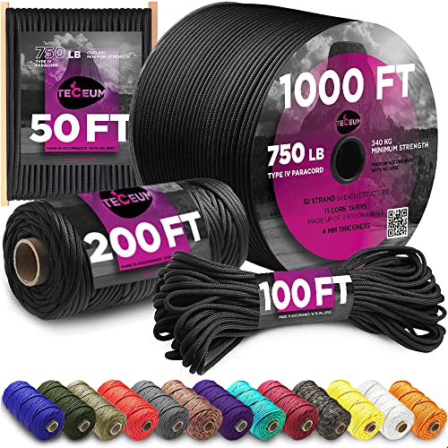 TECEUM Paracord Type IV 750 lb Black –100 ft – 4mm – 100% Nylon – Strong Tactical MIL–SPEC Parachute Cord – Survival Rope Emergency para Cord –11 Strands Core –EDC Camping Hiking Military Gear 016a