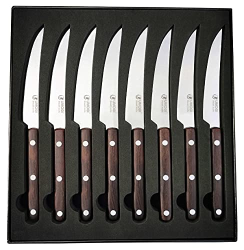 UMOGI Premium Steak Knives Set of 8 in Gift Box – Full Tang Wenge Wood Handle – HC German Stainless Steel, Straight Edge Non Serrated 4.5”Dinner Knife, Kitchen Tableware Knives Cutlery Set