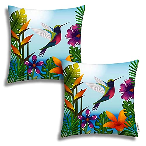 Tropical and Exotic Garden with Hummingbird Design Pillow Cover Soft Square Decorative Pillow Covers for Home Sofa Couch 18″ X 18″ Set of 2 Outdoor Decorative Pillowcase (2 Pack)