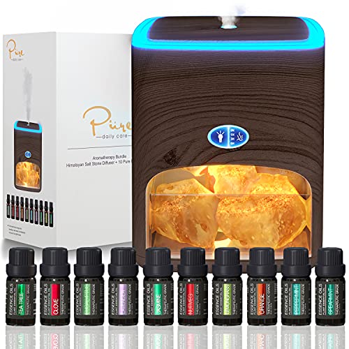Himalayan Pink Salt Diffuser & 10 Essential Oils – 2-in-1 Therapeutic Device – Aromatherapy & Ionic Himalayan Salt Therapy – 400ml Ultrasonic Vaporizer and Ionizer with Ambient Glow (Dark)