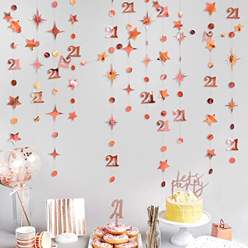 Rose Gold Number 21 Circle Dot Twinkle Star Garland Kit Metallic Hanging Streamer Bunting Banner Backdrop Decoration for Girls 21st Birthday Finally Legal Twenty One Anniversary Wedding Party Supplies