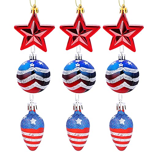 4th of July Patriotic Ball Ornaments, 9-Pack Christmas Stars Stripes Pendant, Delicate Baubles Stuffed Decorations for Home Party Tree Holiday Indoor & Outdoor