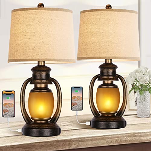 Hamucd Farmhouse Bedside Table Lamps for Living Room Set of 2 Oatmeal Tapered Drum Shade Rustic Bedroom Nightstand Lamps with 2 USB Port and Outlet