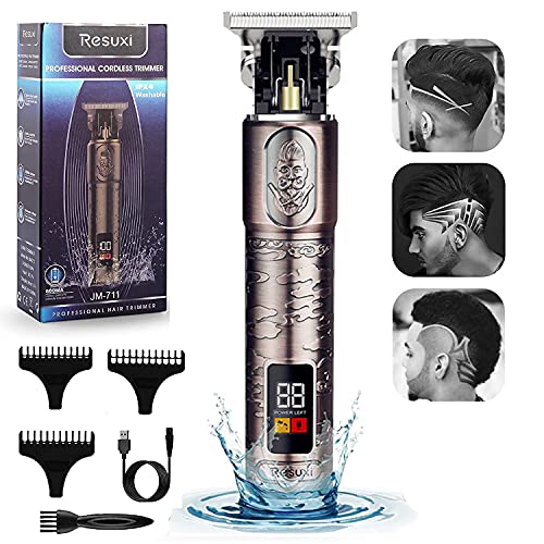 RESUXI Professional Men’s Hair Clippers Cordless Zero Gapped Trimmers Pro Li T Blade Trimmer Waterproof Edgers Clippers for Men French Trimmer Detail Beard Shaver LED Display Rose Gold Knight