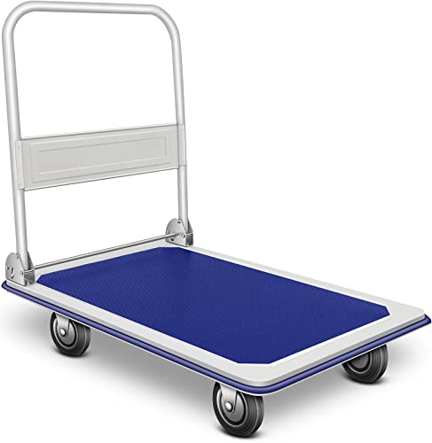 GPOAS Push Cart Dolly 660LBS Folding Platform Hand Truck with 360 Degree Swivel Wheels and Handle, Heavy Duty Foldable Flatbed Large Moving Cart for Easy Storage Luggage Moving,Blue