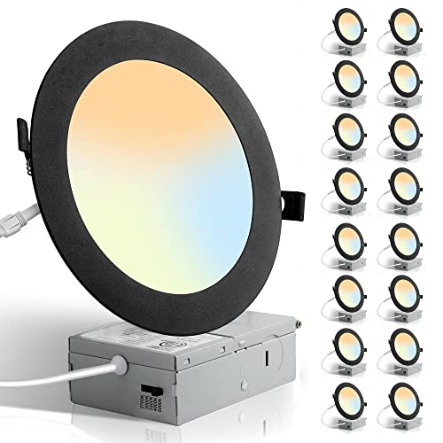 LEDIARY 16 Pack 5CCT LED Black Recessed Lighting 6 inch, 2700K-5000K Selectable Canless Recessed Lights, 1100LM High Brightness, 12W Eqv 110W, Dimmable Can Lights with Junction Box – IC Rated, ETL