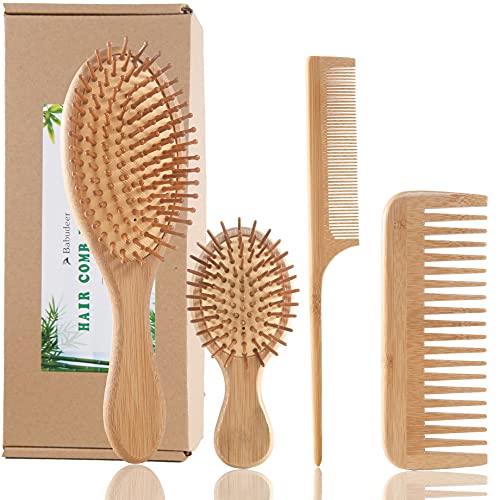 Bamboo Hair Brush Comb Set, Eco-Friendly Anti-Static Detangling Comb Hairbrush for Women and Men – Tail Comb, Tooth Comb, Big and Mini Massage Wooden Brush for Thick Thin Curly Straight Dry Wet Hair