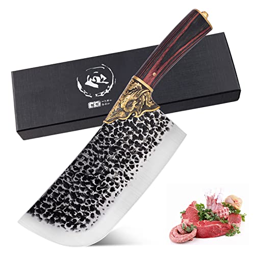 PURPLEBIRD Heavy-Duty Butcher Knife Meat Cleaver Hand Forged Bone Chopping Knife Ultra Sharp Kitchen Knife for with Gift Box