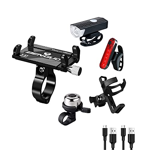 BDJY 5 Pieces Bicycle Accessories,Rechargeable Bicycle Light Set,Bike Water Bottle Holder,Bike Aluminum Bicycle Bells for Adults,Aluminum Alloy Bike Phone Mount ( Included 2 USB Cables)
