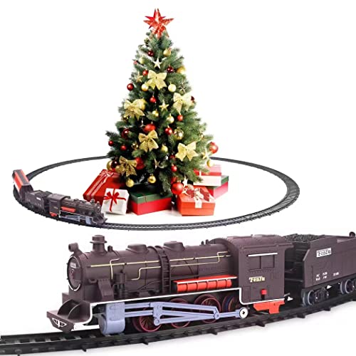 LEYI Classic Train Set Toys 1:87 Round Tracks Railway for Under Christmas Tree Battery Operated Train with Sound and Light Christmas Birthday Gifts for Boys and Girls 3 Cars 2 Trees 12 Tracks