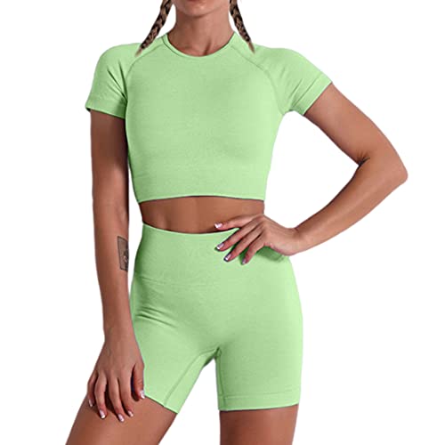 Women Seamless Yoga Workout Set 2 Piece High Waisted Outfits Sets Crop Tops Exercise Shorts Tracksuits Green