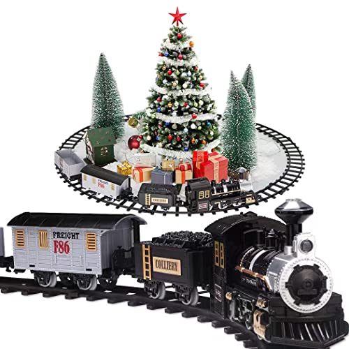 LEYI Classic Train Set Toys with Sound and Light Round Tracks Railway for Under Christmas Tree Battery Operated Train Toys Christmas Birthday Gifts for Boys and Girls 4 Cars 10 Tracks