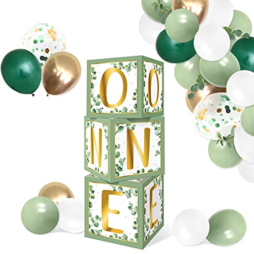 Levfla Sage Green One Balloons Boxes Neutral Decoration Baby 1st Birthday Backdrop Blocks First B-day Cake Smash One Year Anniversary Photo Props Green Eucalyptus Gold White Boy Girl Party Favor Ideas