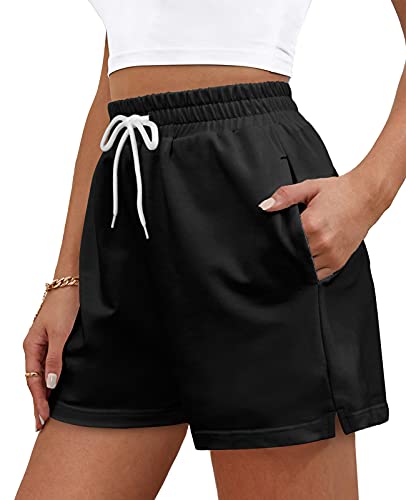 OFEEFAN Womens Drawsting Shorts for Summer Athletic Shorts with Pocket Training Black L
