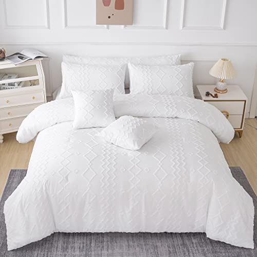 PERFEMET White Boho Comforter Set Queen Size 8 Pieces Tufted Farmhouse Bedding Set Geometric Shabby Chic Bed in A Bag Comforter Set with Sheets (White, Queen)