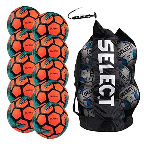 Select Classic Soccer Ball, 10-Ball Team Pack with Duffle Ball Bag and Ball Pump, Orange V21, Size 5
