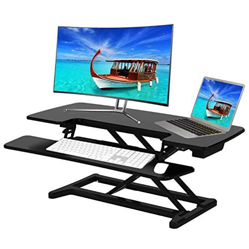 Aveyas [Electric] 32 inch Standing Desk Converter, Height Adjustable Ergonomic Sit to Stand Up Riser, Dual Monitor Lift Computer Workstation for Home Offcie Cubicle Table Desktop (Black)