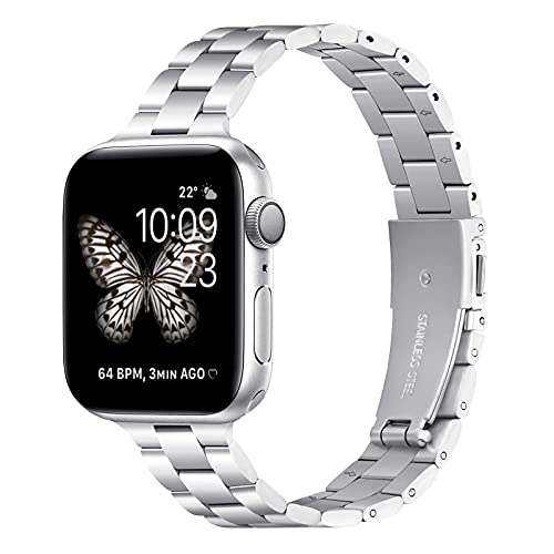 Bestig Thin Metal Band Compatible with Apple Watch Bands Bands 38mm 40mm 41mm, Slim Stainless Steel Wristband Bracelet Strap for iWatch SE Series 8 7 6 5 4 3 2 1 for Women Men,Black