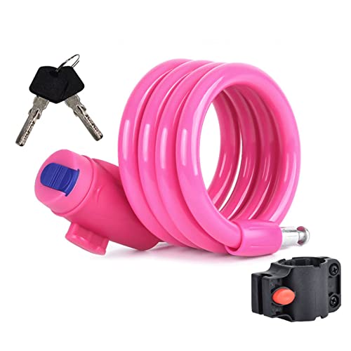 UFFD Bike Lock Cable, 4 Feet Bike Cable Lock Security Cable Lock Coiled Bike Lock with Mounting Bracket1/2 Inch Diameter with 2 Keys for Road Mountain Commute Bike Gift for Child Kids (Color : Pink)