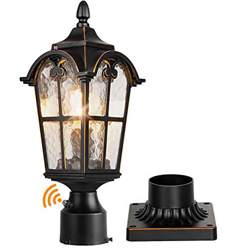 PARTPHONER Dusk to Dawn Black Roman Outdoor Post Light with Pier Mount Base, Waterproof Pole Lantern Light Fixture, Exterior Lamp Post Lantern Head with Clear Glass Panels for Garden, Patio, Pathway