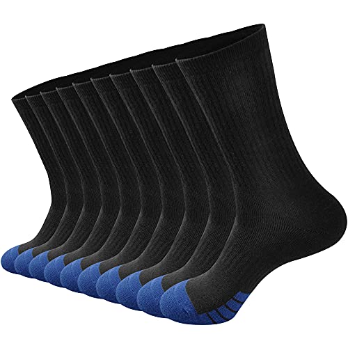 GKX Men’s 10 Pairs Cotton Athletic Moisture Control Heavy Duty Work Boot Cushion Crew Socks (Shoe Size:6-12, Black+Blue)