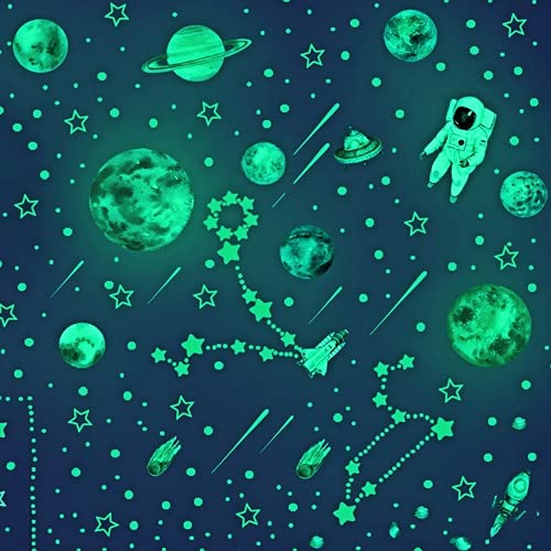 Glow in The Dark Stars Wall Stickers, Glowing Planets Astronaut Adhesive Stickers for Kids Bedroom, 849PCS Shining Galaxy Ceiling Decals , Solar System Space for Girls, Boys and Baby Room Decorations