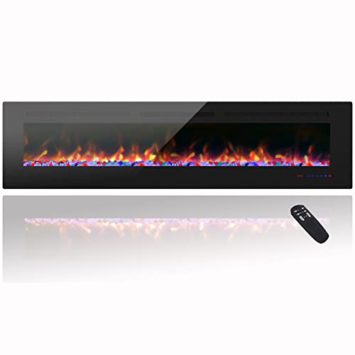 Cheerway 72 inch Wall Mounted &Recessed in Wall Electric Fireplace with Heater, Linear Wall Fireplace w/ Thermostat, Adjustable Flame&Fuel Color, Remote & Touch Control w/ Timer, 750W/1500W