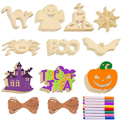 MGparty Halloween Crafts 60PCS Halloween Wooden Slices DIY Natural Wood Crafts Unfinished Predrilled Cutouts Ornaments for Kids Halloween Hanging Decorations Gifts