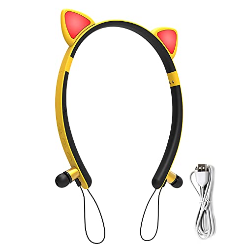 Heave Wireless Earbuds,Cute Cat Ear Bluetooth Headsets Built in Microphone for Kids Adult,Magnetic in Ear Earphone for School,Online Class,Birthday Gift Yellow