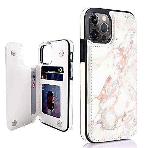 uCOLOR Flip Leather Wallet Case Card Holder for iPhone 12 Pro/12 Women and Girls with Card Holder Kickstand Marble Design Compatible with iPhone 12/iPhone 12 Pro 5G 6.1 inch (Rose Gold Marble)