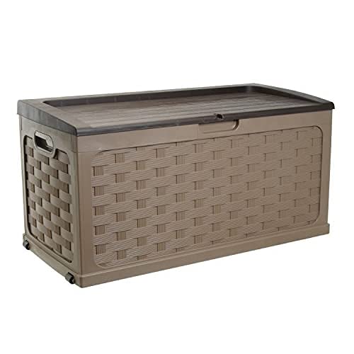 Starplast Sit-On Rattan Style Storage Box: 88 Gallon Outdoor Plastic Bin, Weather & Water Resistant, 45.7 x 22.8 x 22 Inches, 2 Color Options 56-811