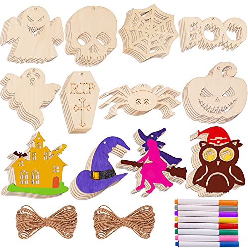 Max Fun 60PCS Halloween Wooden Slices Cutouts Ornaments DIY Crafts Unfinished Pre-drilled Natural Wood for Kids Halloween Hanging Decorations Gifts