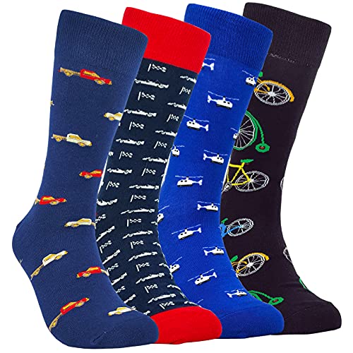 HSELL Mens Funny Colorful Pattern Dress Socks Novelty Crazy Design Cotton Socks for Men Unisex Fancy Gifts (4 Pairs – Car)