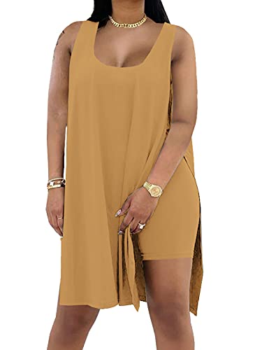 Women Two Piece Outfits Sets Casual High Split Loose Tank Top + Skinny Biker Shorts Tracksuit Set Apricot Medium