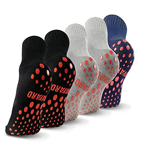 NOVAYARD 5 Pairs Non Slip Socks Hospital Non Skid Sticky Grip Socks Yoga Pilates Socks Men Women（Black+Grey+Navy Blue,Large）