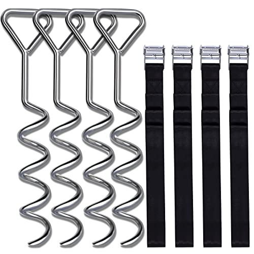 Uekars Trampoline Stakes, Corkscrew Shape Trampoline Anchor kit Steel Spiral Stakes,Heavy Duty Trampoline Parts Tie Down Kit Ground Wind Stake with Belt Straps for Trampolines Tents Swing.- Set of 4