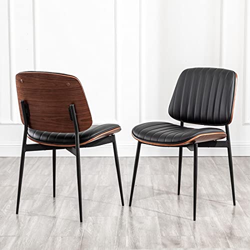LUNLING Dining Chairs Set of 2 Mid Century Modern Retro Faux Leather Chair with Walnut Bentwood Upholstered Seat Metal Legs Adjustable Foot for Kitchen Dining Room Chairs(Black) | The Storepaperoomates Retail Market - Fast Affordable Shopping
