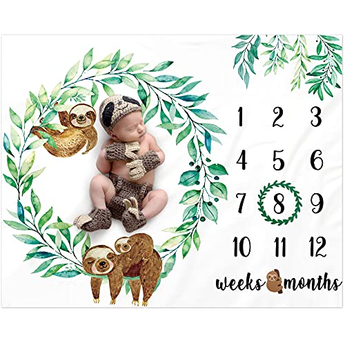 Sloth Baby Monthly Milestone Blanket Baby Boy Greenery Watercolor Jungle Baby Blanket for Boys and Girls Newborn Baby Gift Idea Photography Backdrop Soft Fleece Blanket