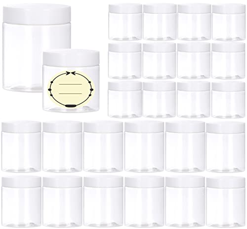 TUZAZO 24 Pack Empty Plastic Slime Containers with Lids and Labels – 12pcs 8 OZ and 12pcs 4 OZ Plastic Storage Jars with Leak-Proof Lids for Craft Jewelry Making, Cosmetic, Paint and Beads
