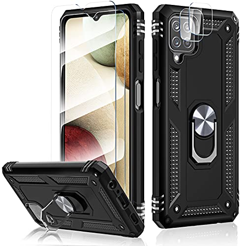 HATOSHI [5 Items Samsung Galaxy A12 Case with 2 Pack Tempered Glass Screen Protector and 2 Pack Camera Lens Protector, [5X Military-Grade Shockproof] Magnetic Ring Kickstand Phone Cover, Black