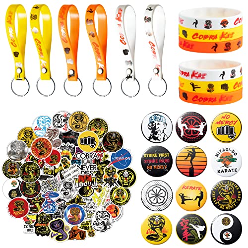 PANTIDE 74Pcs Karate Taekwondo Party Favors Supplies Set Silicone Rubber Bracelet Keychain Button Pins Badges Stickers TV Show Strike First Strike Hard No Mercy Karate Theme Birthday Dress Up for Kids