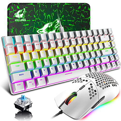 Gaming Keyboard and Mouse with Mechanical Blue Switch Rainbow Backlit Wired Type-C 84 Keys Anti-ghosting,RGB 12000 DPI Lightweight Honeycomb Shell Gaming Mouse,Large Mouse Pad for PC Gamers(White)