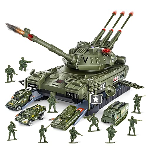 UNIH Tank Toy Sets, Military Transport Tank and 4PCS Army Vehicles, Tank & Vehicle Playset with 4 Sound and Launcher Birthday Gift for Kids Boys 3 4 5 6 7 Years Old ( Army Men Soldiers Included)
