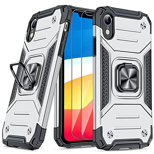 JAME Case for iPhone XR Cases with Screen Protector 2PCS, Military-Grade Drop Protection, Protective Xr Phone Case, Shockproof Bumper XR Case with Ring Kickstand, for iPhone XR 6.1 Inch Silver