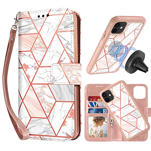 CASEOWL Case for iPhone 11 Wallet Case Magnetic Detachable 2 in 1 Case [Support Magnetic Car Mount] Marble Pattern Luxury PU Leather Lanyard Wallet Case with Card Holder, Wrist Strap for Women, Pink